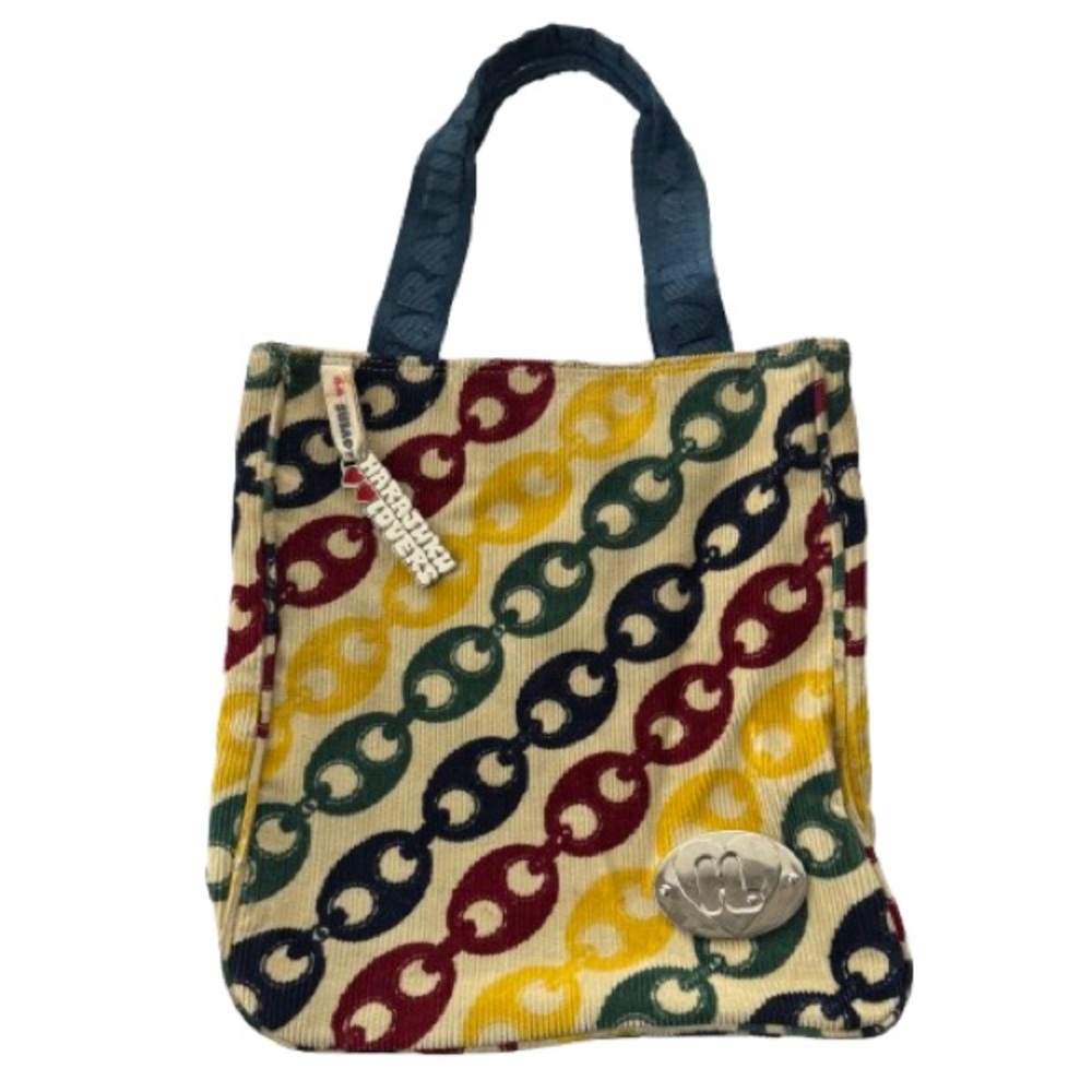 Harajuku Lovers Corduroy Small Tote Bag Chain Pattern Cotton Colorful Logo Charm